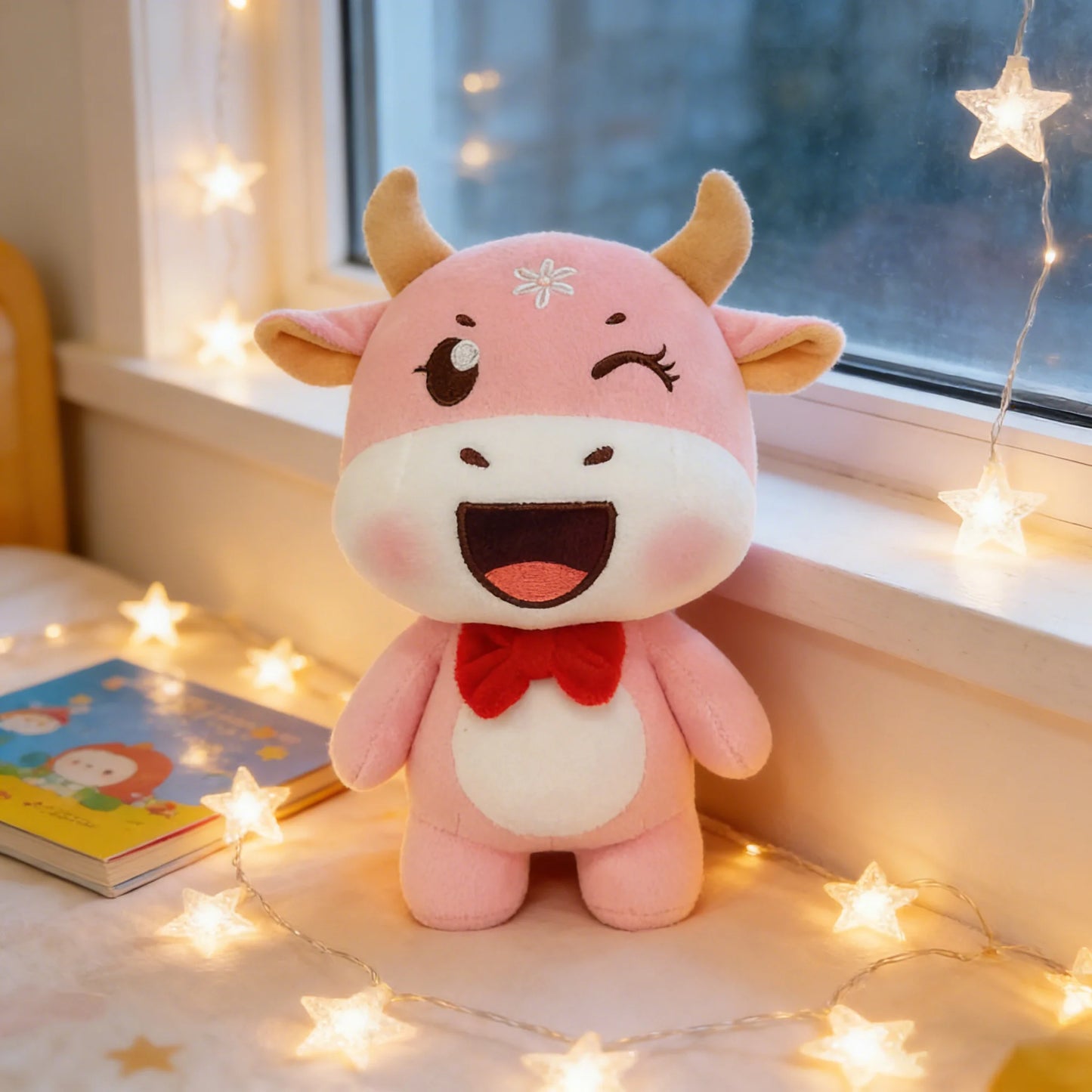 Custom Winking Pink Cow Plush Toy Made-to-Order Corporate IP Mascot Cotton Doll Hand Puppet Stuffed Animal Toy Design Sample