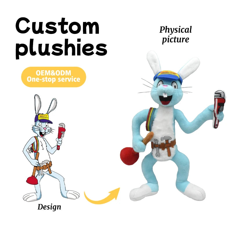 Customizable Blue White Rabbit Stuffed Animal Toy Cartoon Design with Logo Custom Coloring Tool Accepts Orders Sample Images