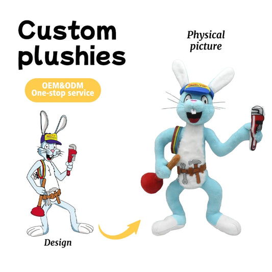 Customizable Blue White Rabbit Stuffed Animal Toy Cartoon Design with Logo Custom Coloring Tool Accepts Orders Sample Images