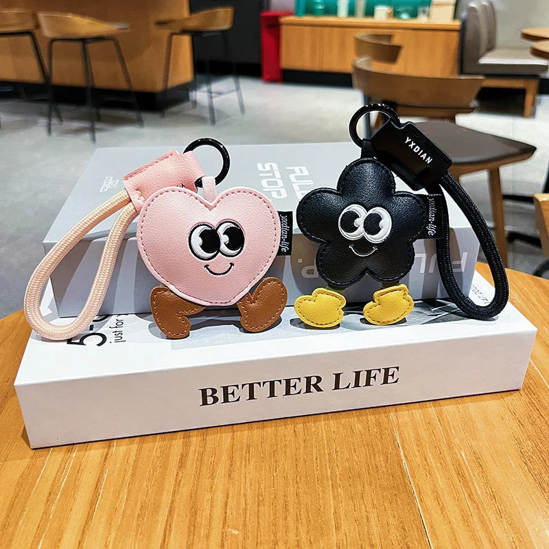 Creative Leather Keychain Cute Cartoon Walking Heart Couple Keychain for Girls' Bags Delicate Small Accessory