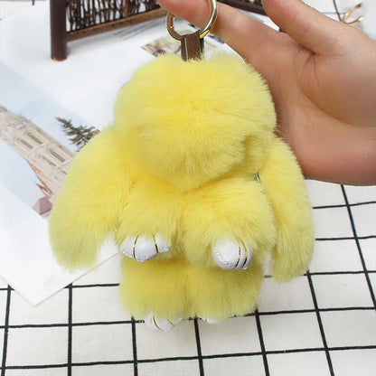 Plush Bunny Women Fur Pom Pom Keychain 14cm Angel Rabbit Key Ring Hare Pompom Plush Dolls Toy Girls Bag Car Key Pendant