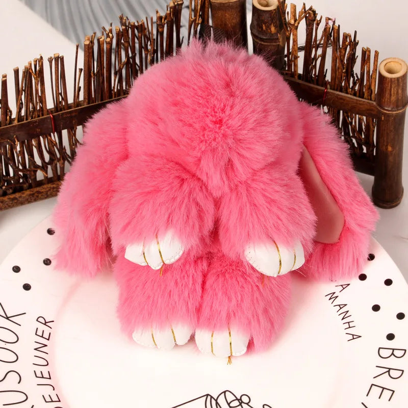 Plush Bunny Women Fur Pom Pom Keychain 14cm Angel Rabbit Key Ring Hare Pompom Plush Dolls Toy Girls Bag Car Key Pendant