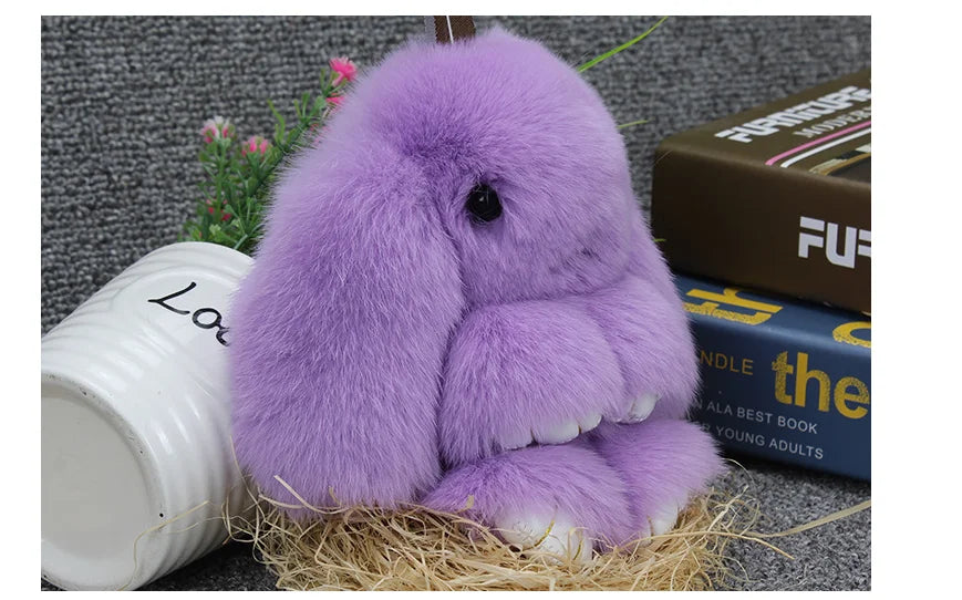 Plush Bunny Women Fur Pom Pom Keychain 14cm Angel Rabbit Key Ring Hare Pompom Plush Dolls Toy Girls Bag Car Key Pendant