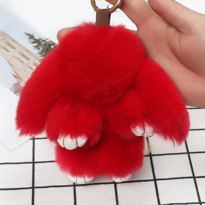 Plush Bunny Women Fur Pom Pom Keychain 14cm Angel Rabbit Key Ring Hare Pompom Plush Dolls Toy Girls Bag Car Key Pendant
