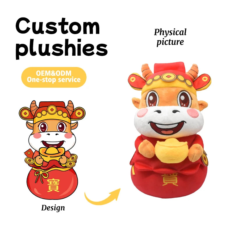 OEM Customizable Chinese New Year Golden Ox Plush Toy Corporate Gift Wealth-Bringing Zodiac Mascot PP Cotton Personalization