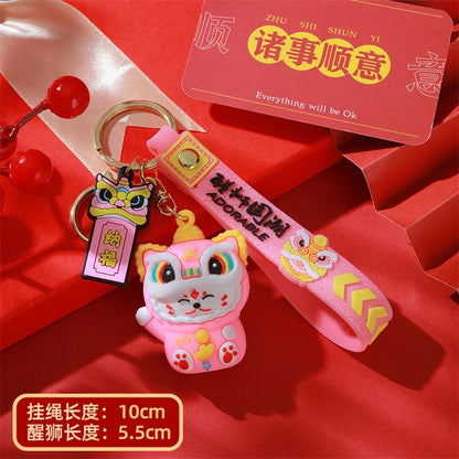 Totoro Lion Dance Maneki Neko Lucky Cat Cute Keychain Tiger Pendant the Year of the Loong Doll Cartoon Bag Pendant Keychain