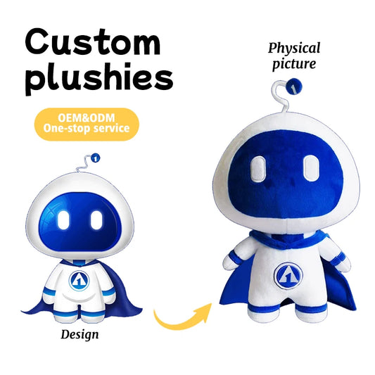 OEM/ODM Customizable Corporate Mascot Cute Hero Robot Anime-Style Plush Toy Embroidered Logo Designer Art Toy for Wholesale