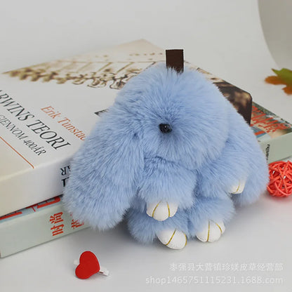 Plush Bunny Women Fur Pom Pom Keychain 14cm Angel Rabbit Key Ring Hare Pompom Plush Dolls Toy Girls Bag Car Key Pendant