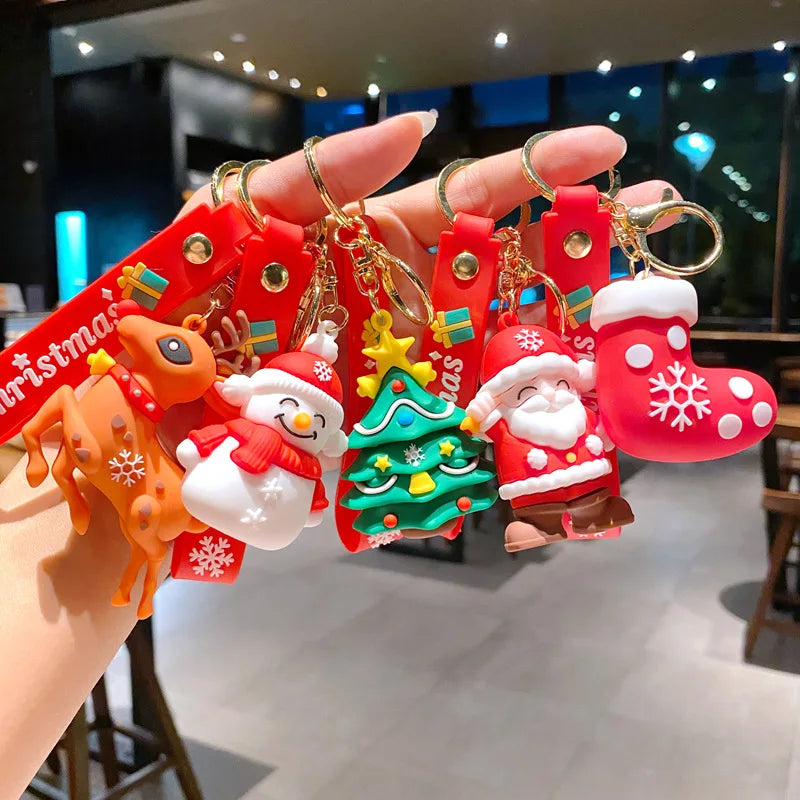 New Santa Claus Key Chain Doll Christmas Tree Snowman Car 3D Rubber Keychain Pendant Small Gift