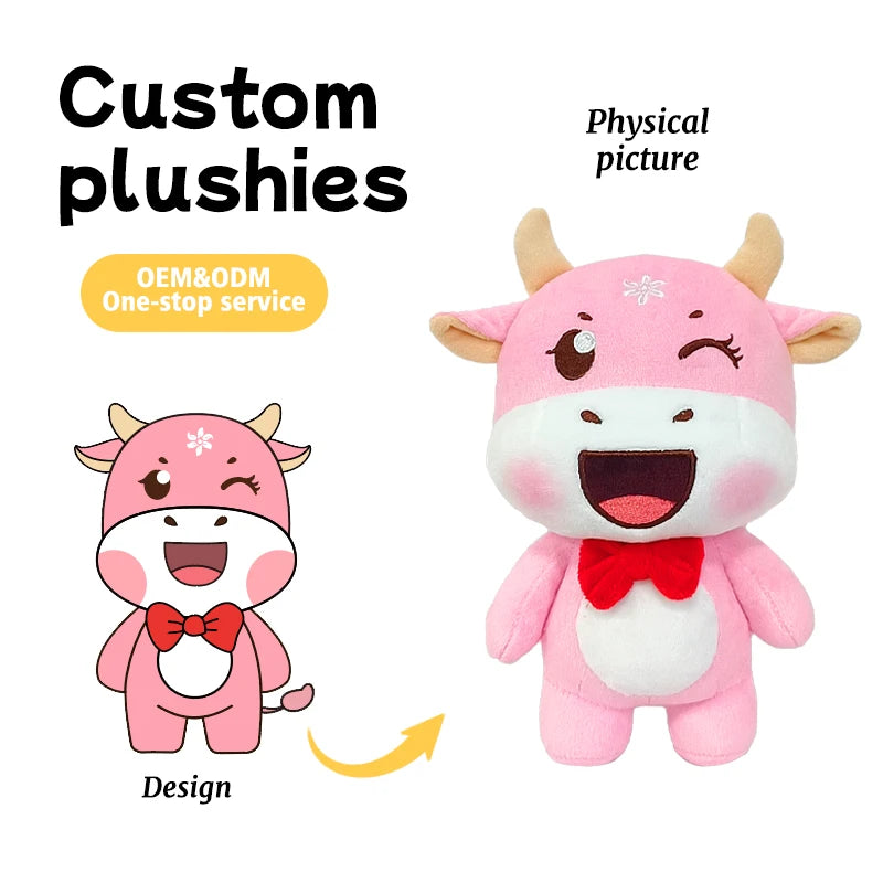 Custom Winking Pink Cow Plush Toy Made-to-Order Corporate IP Mascot Cotton Doll Hand Puppet Stuffed Animal Toy Design Sample