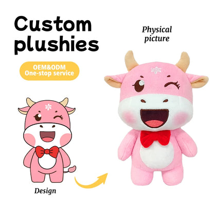 Custom Winking Pink Cow Plush Toy Made-to-Order Corporate IP Mascot Cotton Doll Hand Puppet Stuffed Animal Toy Design Sample
