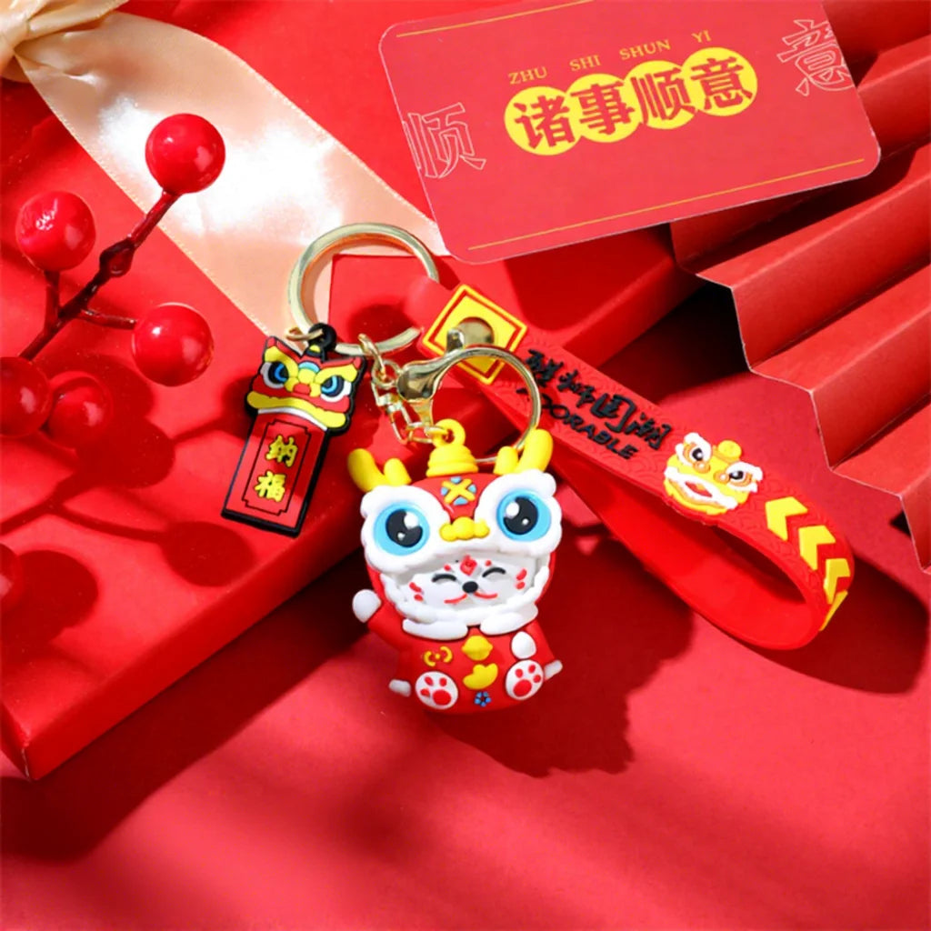 Totoro Lion Dance Maneki Neko Lucky Cat Cute Keychain Tiger Pendant the Year of the Loong Doll Cartoon Bag Pendant Keychain