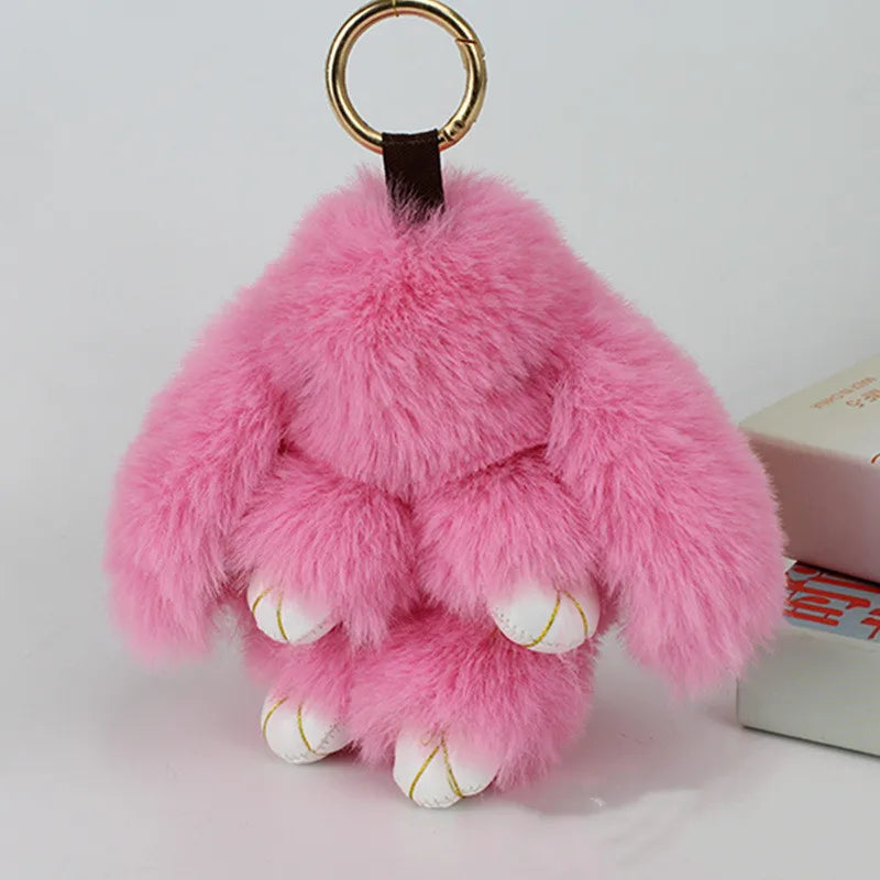 Plush Bunny Women Fur Pom Pom Keychain 14cm Angel Rabbit Key Ring Hare Pompom Plush Dolls Toy Girls Bag Car Key Pendant