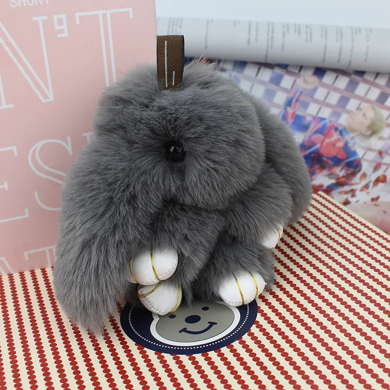 Plush Bunny Women Fur Pom Pom Keychain 14cm Angel Rabbit Key Ring Hare Pompom Plush Dolls Toy Girls Bag Car Key Pendant