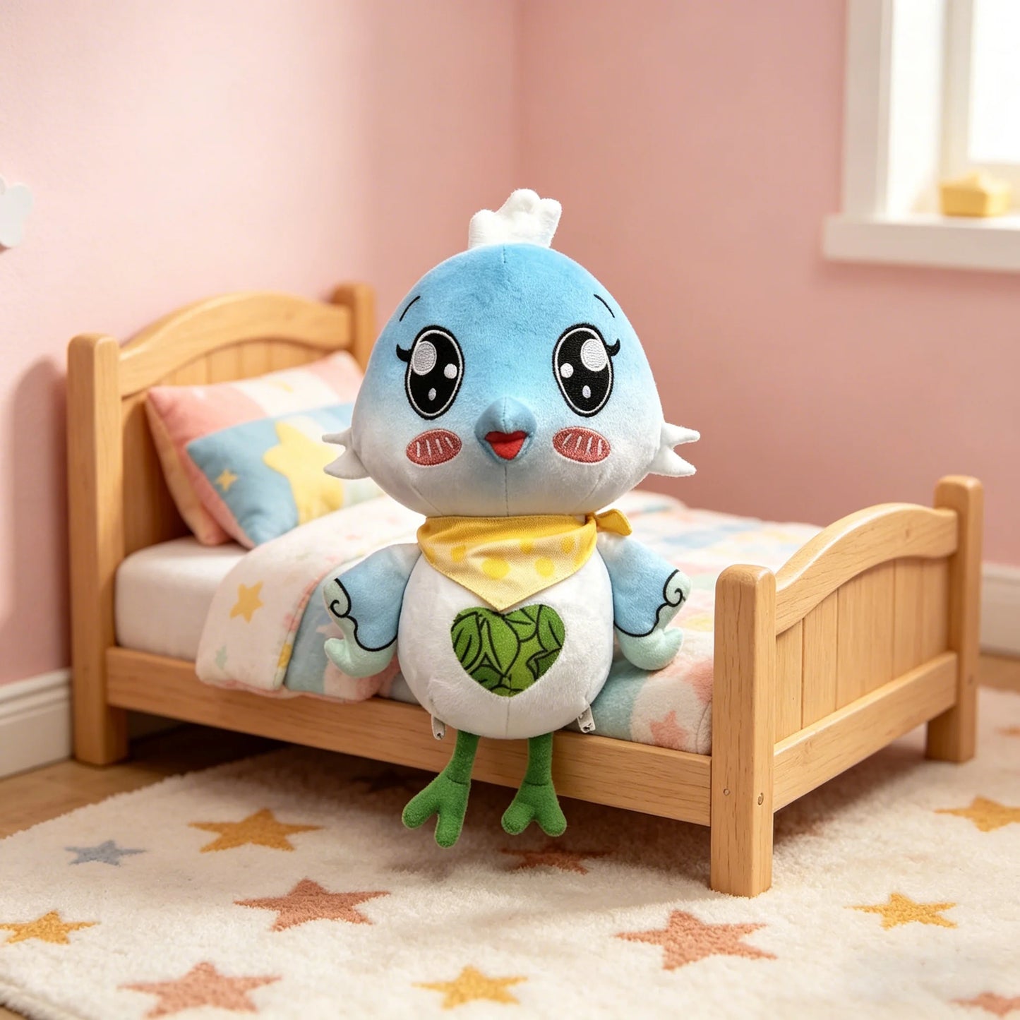OEM/ODM Super Soft Blue White Gradient Little Bird Plush Toy Heart-Shaped Scarf with Big Eye As Children's Companion Gift