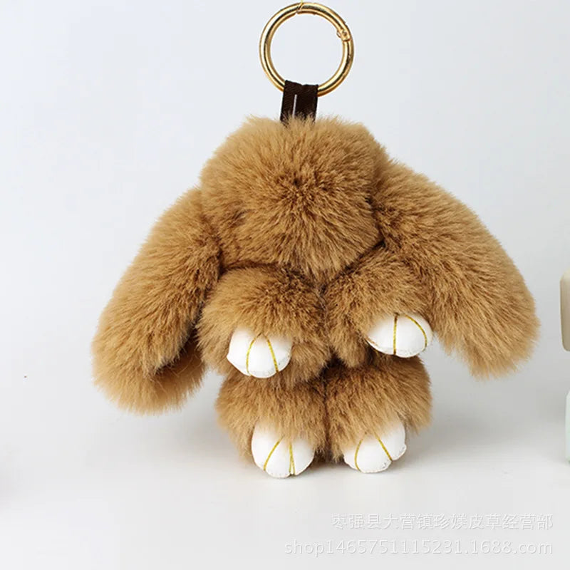 Plush Bunny Women Fur Pom Pom Keychain 14cm Angel Rabbit Key Ring Hare Pompom Plush Dolls Toy Girls Bag Car Key Pendant