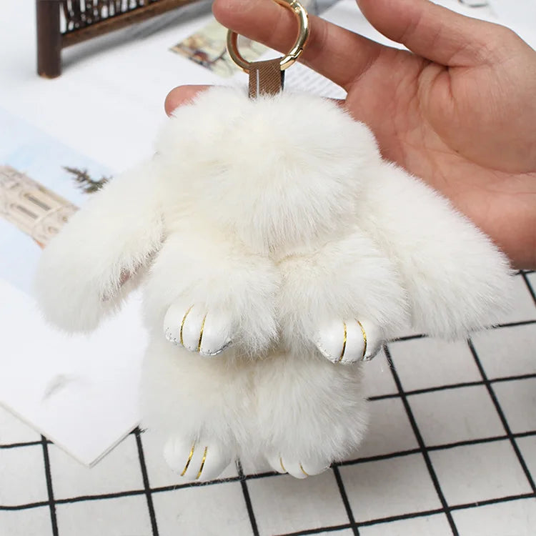 Plush Bunny Women Fur Pom Pom Keychain 14cm Angel Rabbit Key Ring Hare Pompom Plush Dolls Toy Girls Bag Car Key Pendant