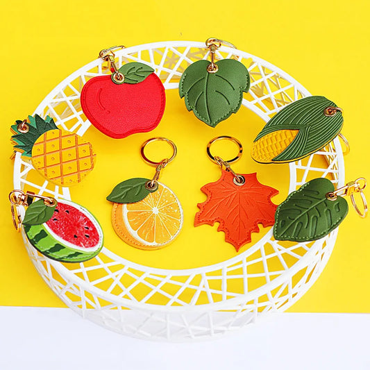Popular Adorable Fruit Green Leaf Leather Keyring Accessory Case with ID Card Holder