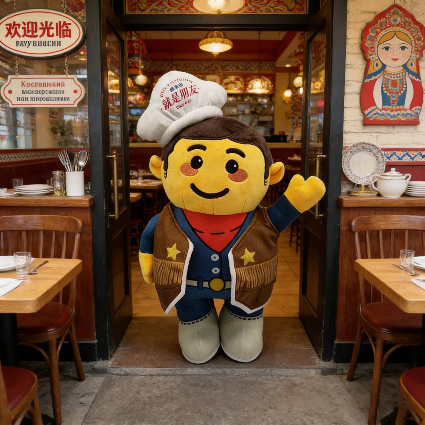 Custom Restaurant Mascot Cartoon Western Cowboy Chef Plush Toy Made-to-Order Logo Occupational Attire Branded Promotional Gift