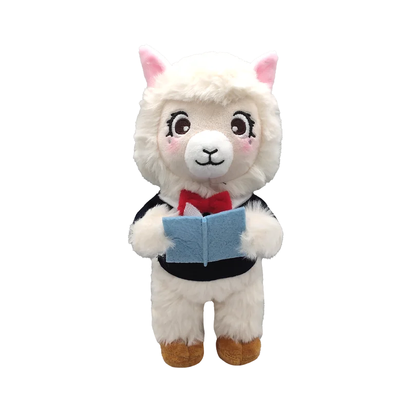 Custom School Mascot Alpaca Lamb Plush Toy Super Soft Cotton PP Cotton Filling Reading Pose Logo Embroidery Supported