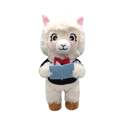 Custom School Mascot Alpaca Lamb Plush Toy Super Soft Cotton PP Cotton Filling Reading Pose Logo Embroidery Supported