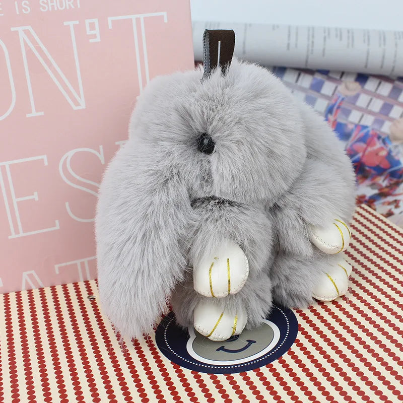 Plush Bunny Women Fur Pom Pom Keychain 14cm Angel Rabbit Key Ring Hare Pompom Plush Dolls Toy Girls Bag Car Key Pendant