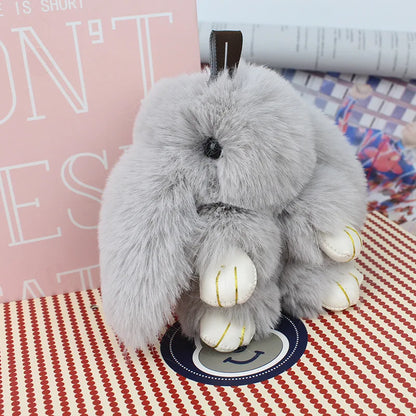 Plush Bunny Women Fur Pom Pom Keychain 14cm Angel Rabbit Key Ring Hare Pompom Plush Dolls Toy Girls Bag Car Key Pendant