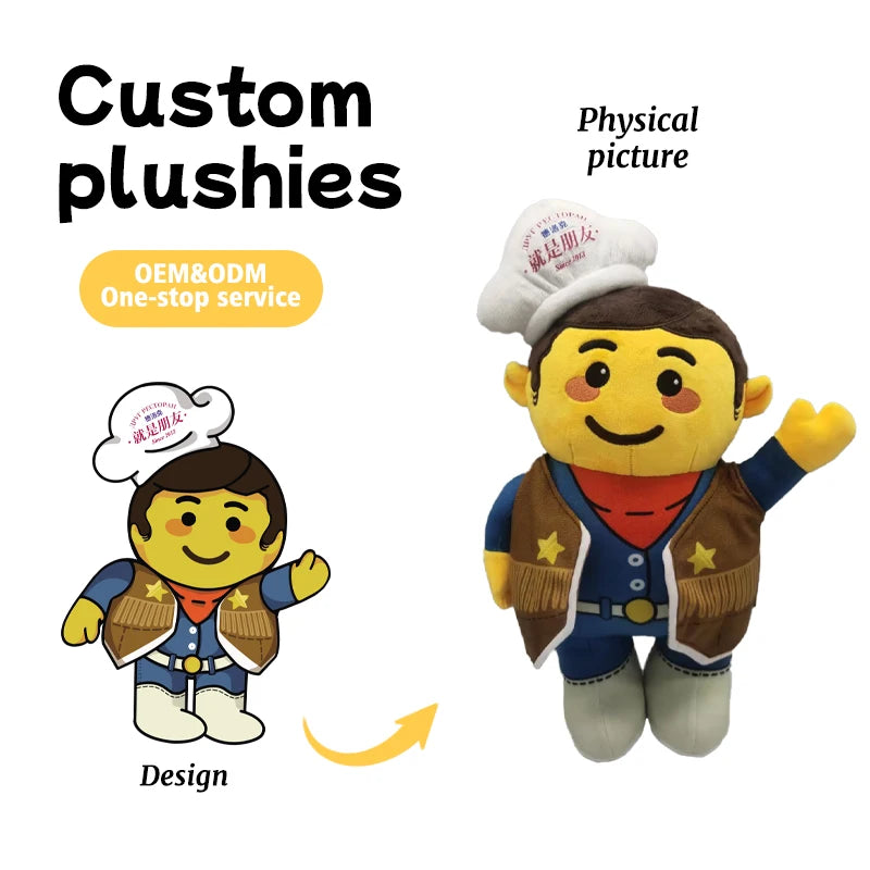 Custom Restaurant Mascot Cartoon Western Cowboy Chef Plush Toy Made-to-Order Logo Occupational Attire Branded Promotional Gift
