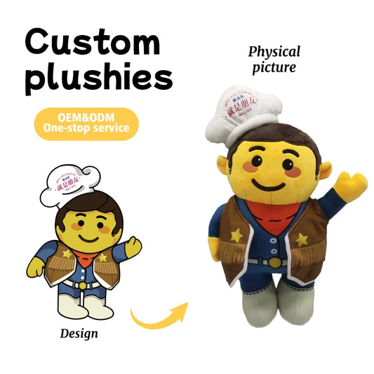 Custom Restaurant Mascot Cartoon Western Cowboy Chef Plush Toy Made-to-Order Logo Occupational Attire Branded Promotional Gift