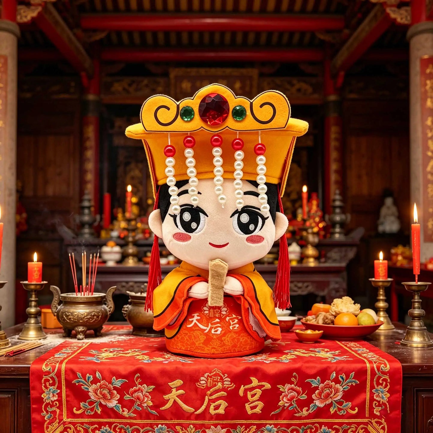 Exquisitely Embroidered Mazu Plush Doll Customizable High-End Cultural Creative Gift Featuring Imitation Pearl Tassel Phoenix